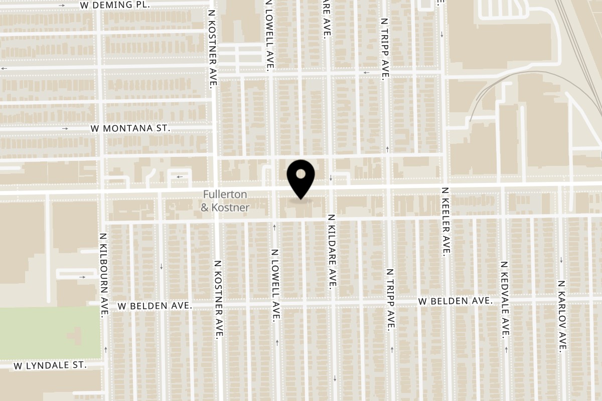 Map showing the location of Ponce Restaurant on 4313 W Fullerton Ave in Chicago